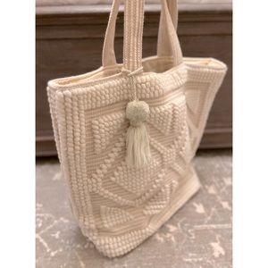 Ivory Large Quilted Tote Bag w/ Tassel